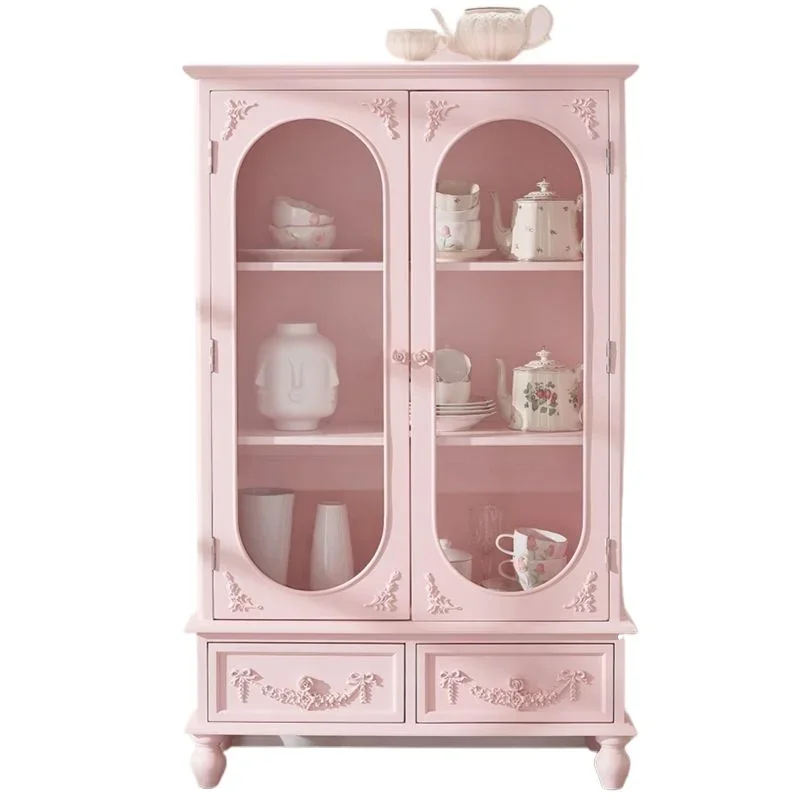 French dining side living room retro European display cabinet, home floor dopamine pink double door cabinet
French dining side living room retro European display cabinet, home floor dopamine pink double door cabinet