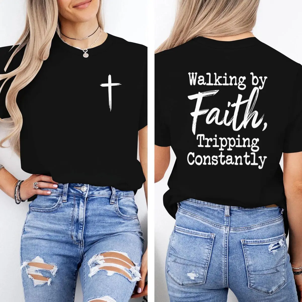 Walking By Faith Christian T-Shirt Cross Double Sided Print Women Casual Tops Religious Humor T-Shirt Christian Gift Tee Tops
Walking By Faith Christian T-Shirt Cross Double Sided Print Women Casual Tops Religious Humor T-Shirt Christian Gift Tee Tops