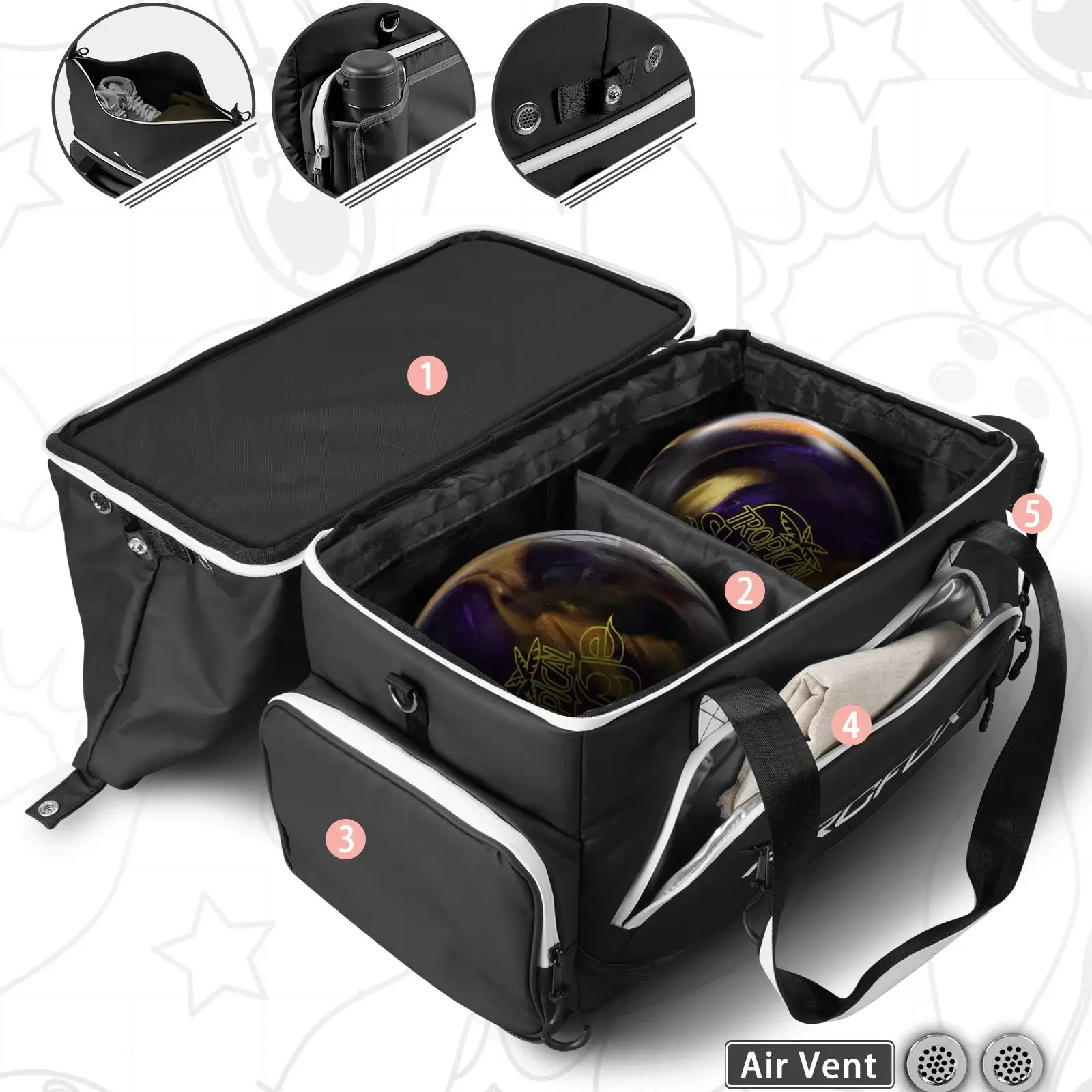 Bowling Bag for 2 Balls Large Capacity Multi-Function Gym Bag Adult Sport Supplies Storage Accessories Outing Duffle Bag Black
Bowling Bag for 2 Balls Large Capacity Multi-Function Gym Bag Adult Sport Supplies Storage Accessories Outing Duffle Bag Black