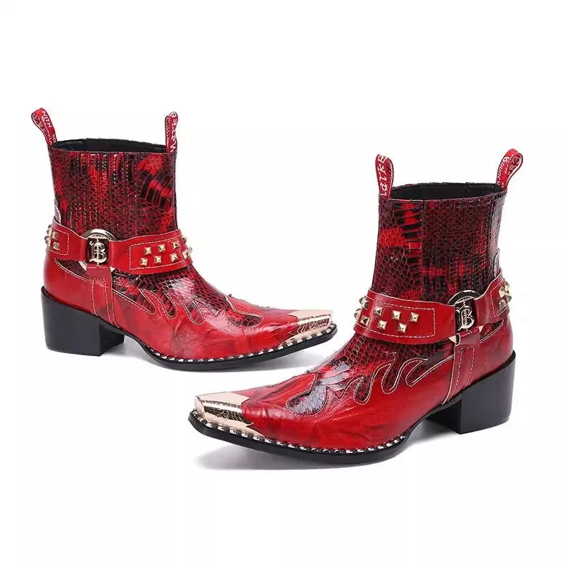 Red Leather Patchwork Iron Pointy Short Boots Men's Fashionable Mid Chunky High Heels Performance High-End Leather Boots
Red Leather Patchwork Iron Pointy Short Boots Men's Fashionable Mid Chunky High Heels Performance High-End Leather Boots