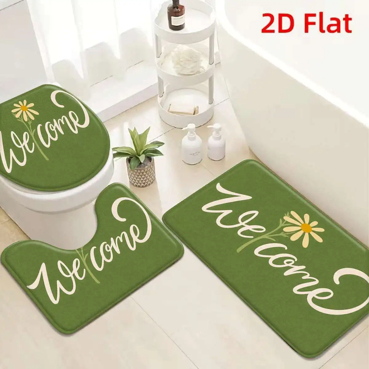 3Pcs Sage Green Welcome Daisy Bath Mat Non Slip Absorbent Toilet Rug with Lid Cover for Bathroom Washable Flannel Base
3Pcs Sage Green Welcome Daisy Bath Mat Non Slip Absorbent Toilet Rug with Lid Cover for Bathroom Washable Flannel Base