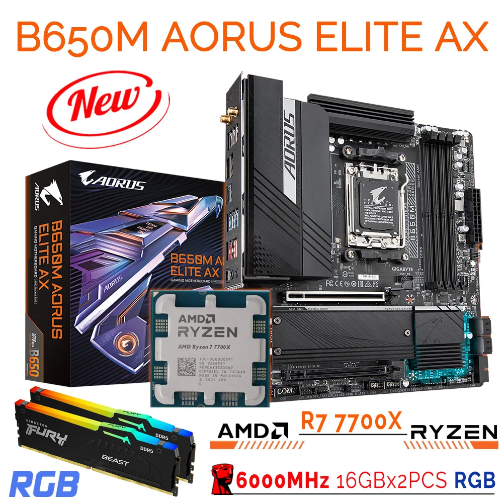 Gigabyte B650M AORUS ELITE AX AM5 Motherboard Combo R7 7700X Ryzen Kit AMD B650 Mainboard Suit Kingston DDR5 Memory 32GB RGB New
Gigabyte B650M AORUS ELITE AX AM5 Motherboard Combo R7 7700X Ryzen Kit AMD B650 Mainboard Suit Kingston DDR5 Memory 32GB RGB New