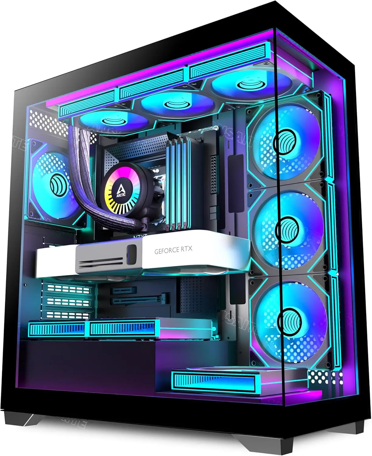 Mid-Tower PC Case with 7 PWM ARGB Fans, Panoramic Tempered Glass, Type-C, 360mm Radiator Support, Black
Mid-Tower PC Case with 7 PWM ARGB Fans, Panoramic Tempered Glass, Type-C, 360mm Radiator Support, Black