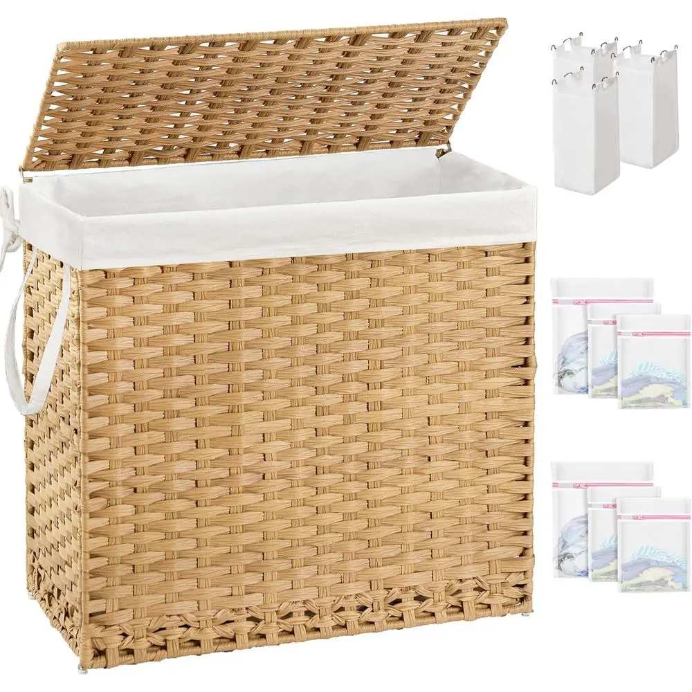 Natural Wicker Laundry Hamper with Lid, 132L Capacity, 4 Removable Liner Bags, 6 Mesh Bags, Handwoven Rattan Basket with Handles
Natural Wicker Laundry Hamper with Lid, 132L Capacity, 4 Removable Liner Bags, 6 Mesh Bags, Handwoven Rattan Basket with Handles