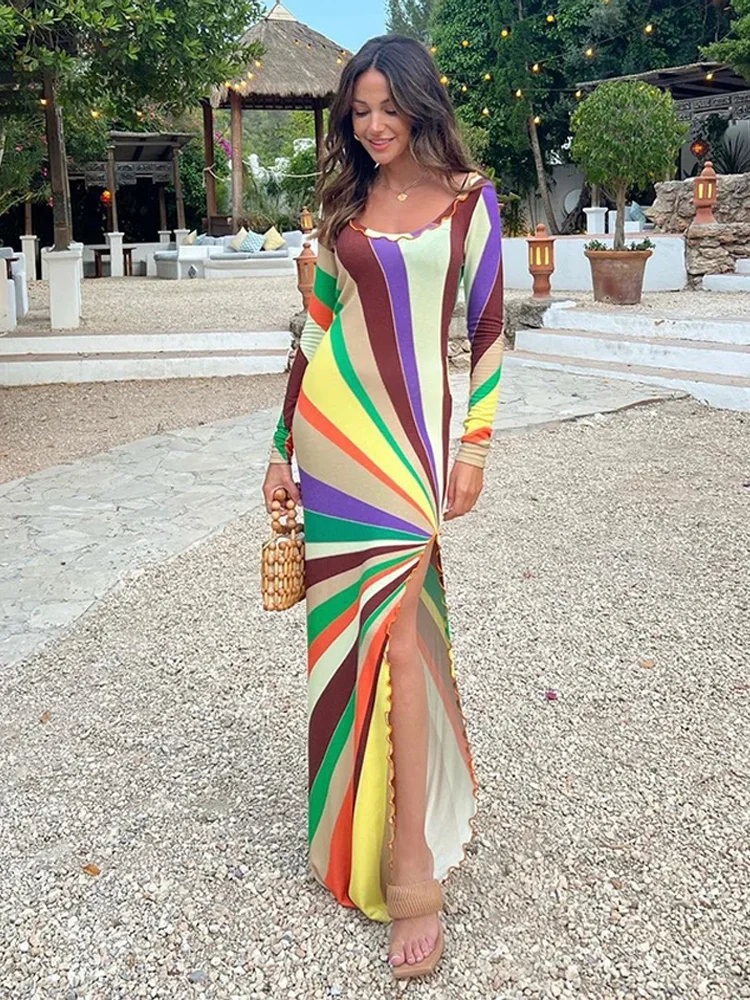 Women's Dresses Rainbow Outerwear Print Bodycon Maxi Dress Long Sleeve Summer Trendy High Slit Casual Evening Gown Woman Clothes
Women's Dresses Rainbow Outerwear Print Bodycon Maxi Dress Long Sleeve Summer Trendy High Slit Casual Evening Gown Woman Clothes
