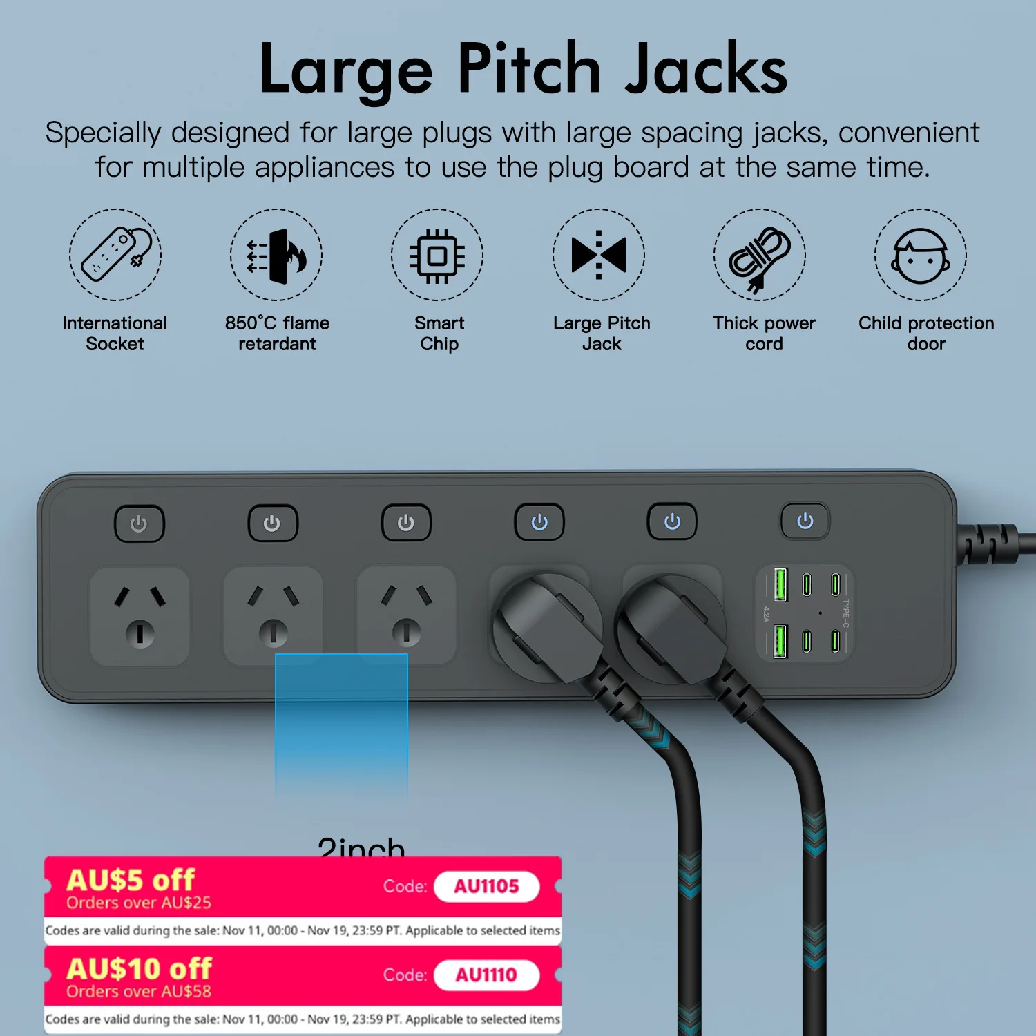 AU Power Strip Outlets AC Socket with USB PD Charge Type-c 3000W 5 Outlets with Single Switch Wall Mounted Extension Sockets
AU Power Strip Outlets AC Socket with USB PD Charge Type-c 3000W 5 Outlets with Single Switch Wall Mounted Extension Sockets