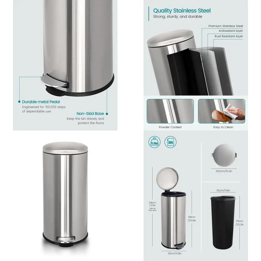 Stainless Steel Tall Round 30L Trash Can with Removable Inner Liner and Soft-Close Lid for Kitchen, Living Room, or Bathroom
Stainless Steel Tall Round 30L Trash Can with Removable Inner Liner and Soft-Close Lid for Kitchen, Living Room, or Bathroom