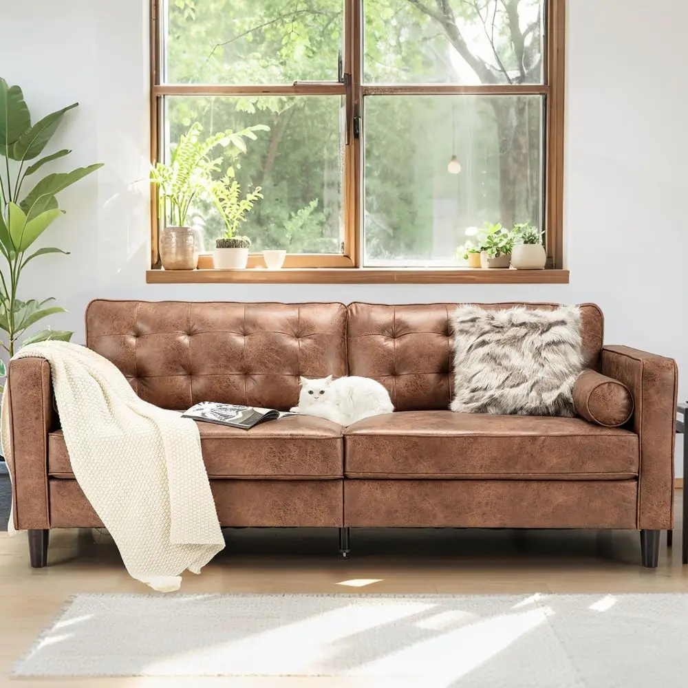 Mid Century Modern Faux Leather Sofa, 84.2Inch 3Seater Vintage Couch with 2 Bolster Pillows, Large Brown Sofa for Living Room,
Mid Century Modern Faux Leather Sofa, 84.2Inch 3Seater Vintage Couch with 2 Bolster Pillows, Large Brown Sofa for Living Room,