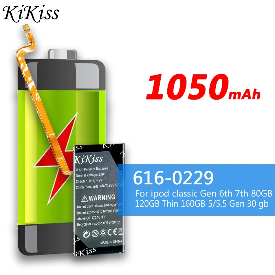 1050mAh KiKiss Battery for ipod classic gen 6th 7th 80GB 120GB Thin 160GB battery for ipod Thin 5th 5/5.5 gen 30 gb 616-0229
1050mAh KiKiss Battery for ipod classic gen 6th 7th 80GB 120GB Thin 160GB battery for ipod Thin 5th 5/5.5 gen 30 gb 616-0229