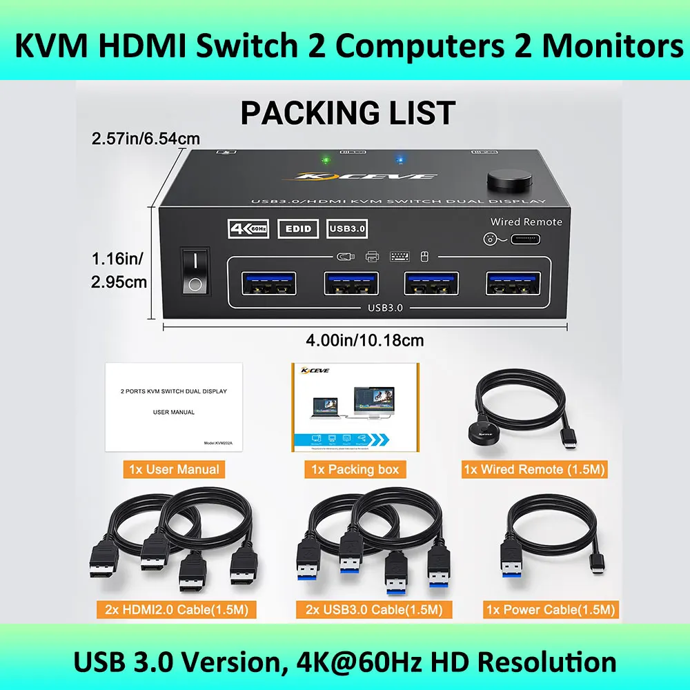 KVM-переключатель USB, 2 компьютера, 2 монитора, HDMI HD-разрешение, KVM-переключатель, поддержка копирования и Расширенный дисплей с EDID
KVM-переключатель USB, 2 компьютера, 2 монитора, HDMI HD-разрешение, KVM-переключатель, поддержка копирования и Расширенный дисплей с EDID