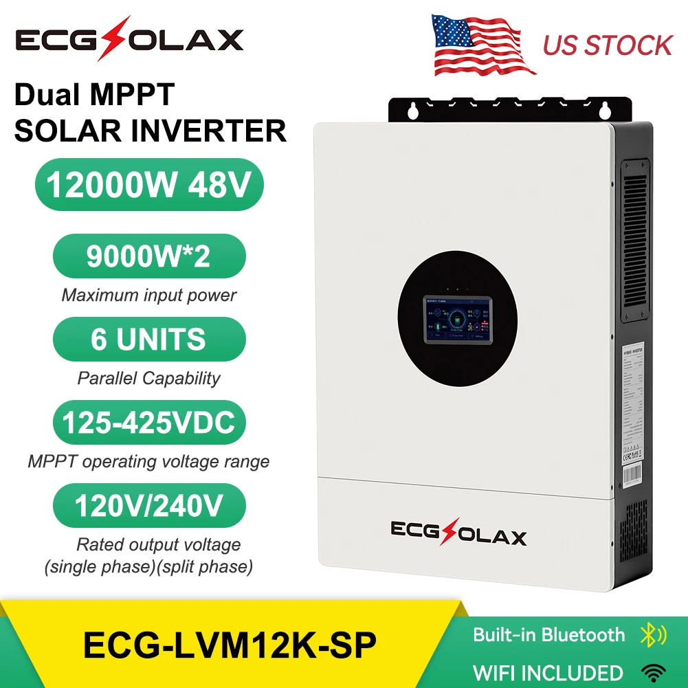 ECGSOLAX 12000W All-in-One Hybrid Solar Converter 48V DC Split Phase 120/240V AC Pure Sine Wave Power Inverter Integrated 200A MPPT Solar Charge Controller Built-In WiFi Module
ECGSOLAX 12000W All-in-One Hybrid Solar Converter 48V DC Split Phase 120/240V AC Pure Sine Wave Power Inverter Integrated 200A MPPT Solar Charge Controller Built-In WiFi Module