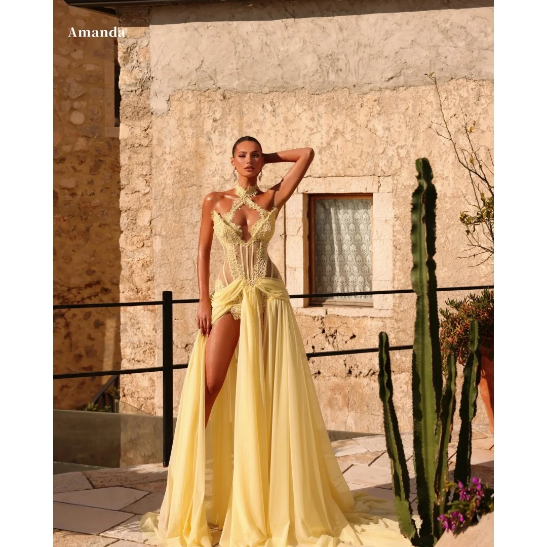Amanda Customized Yellow Halter Neck Lace Corset High Slit Chiffon Maxi Prom Dress with Train Formal Evening vestidos de noche
Amanda Customized Yellow Halter Neck Lace Corset High Slit Chiffon Maxi Prom Dress with Train Formal Evening vestidos de noche