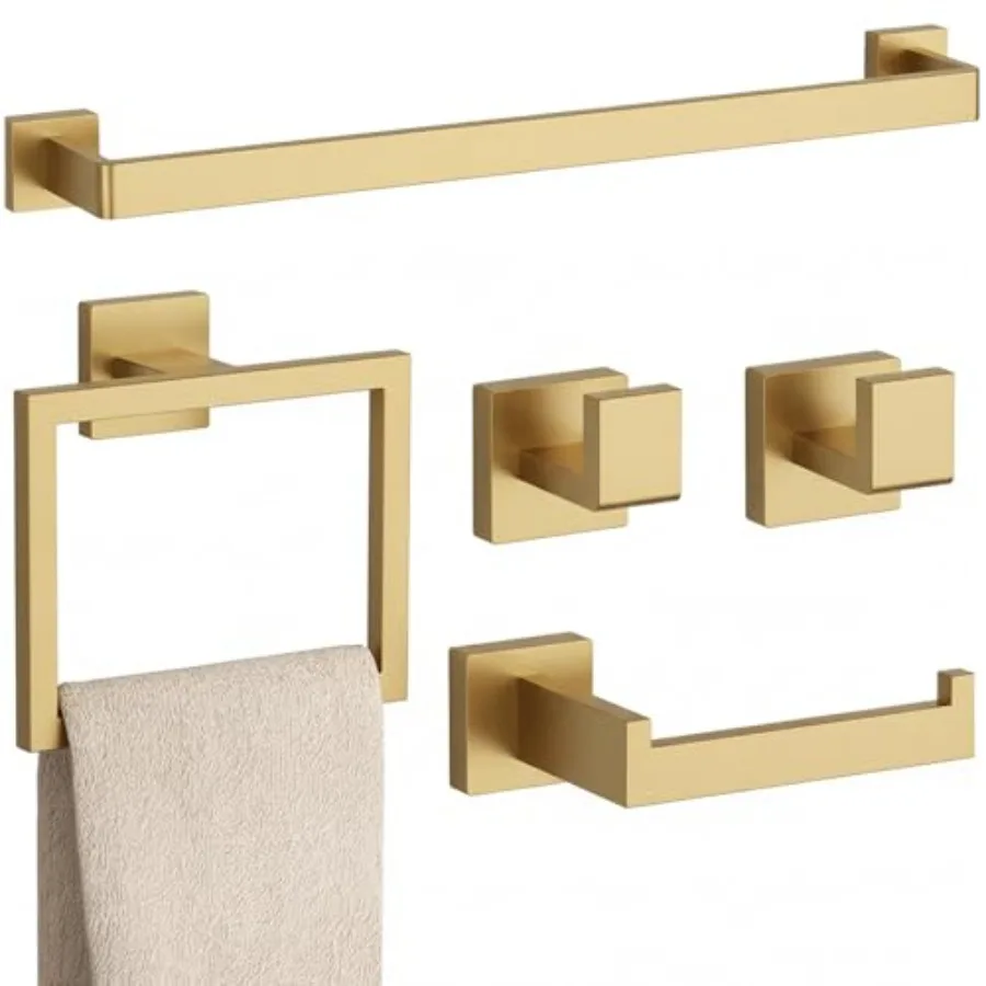5-Piece Brushed Gold Bathroom Accessories Set 23.6" Towel Bar Towel Ring Toilet Paper Holder and Hooks Wall Mounted Bathroom Ha
5-Piece Brushed Gold Bathroom Accessories Set 23.6" Towel Bar Towel Ring Toilet Paper Holder and Hooks Wall Mounted Bathroom Ha