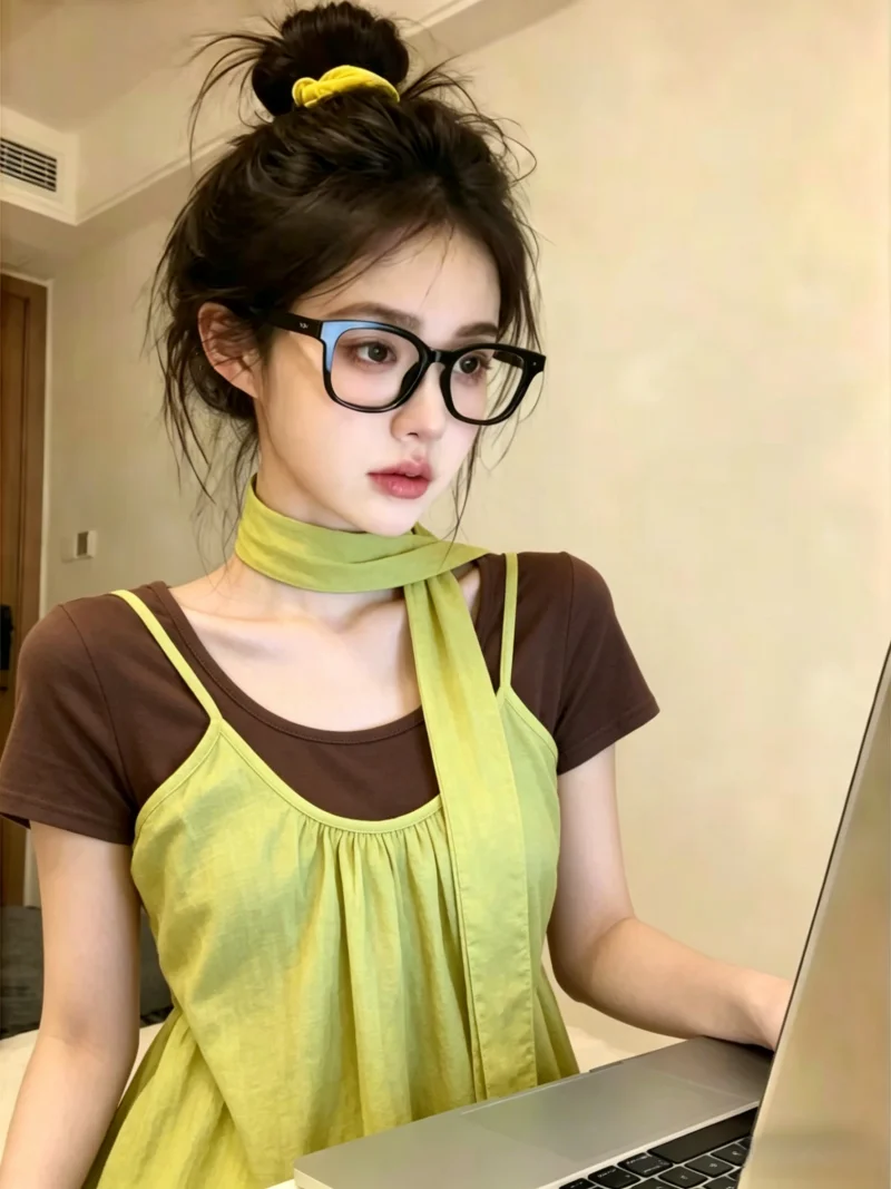 Summer New Sweet Match All Thin Strap Vest Women's Neck Hanging Silk Top And Bottoms Set Commute Korean Style Short Sleeve
Summer New Sweet Match All Thin Strap Vest Women's Neck Hanging Silk Top And Bottoms Set Commute Korean Style Short Sleeve