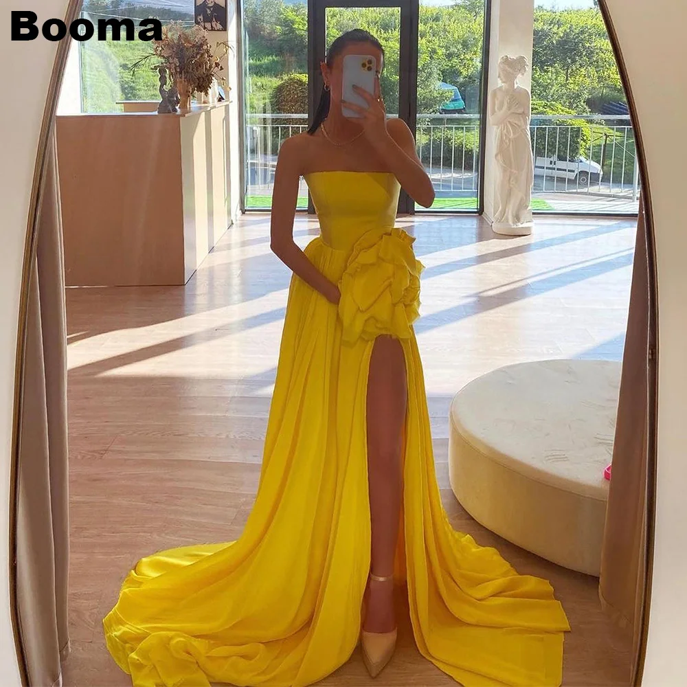 Booma Yellow Stain A Line Evening Dresses Strapless Flowers Leg Slit Long Prom Dresses Sweep Train Formal Occasion Gowns Dubai
Booma Yellow Stain A Line Evening Dresses Strapless Flowers Leg Slit Long Prom Dresses Sweep Train Formal Occasion Gowns Dubai