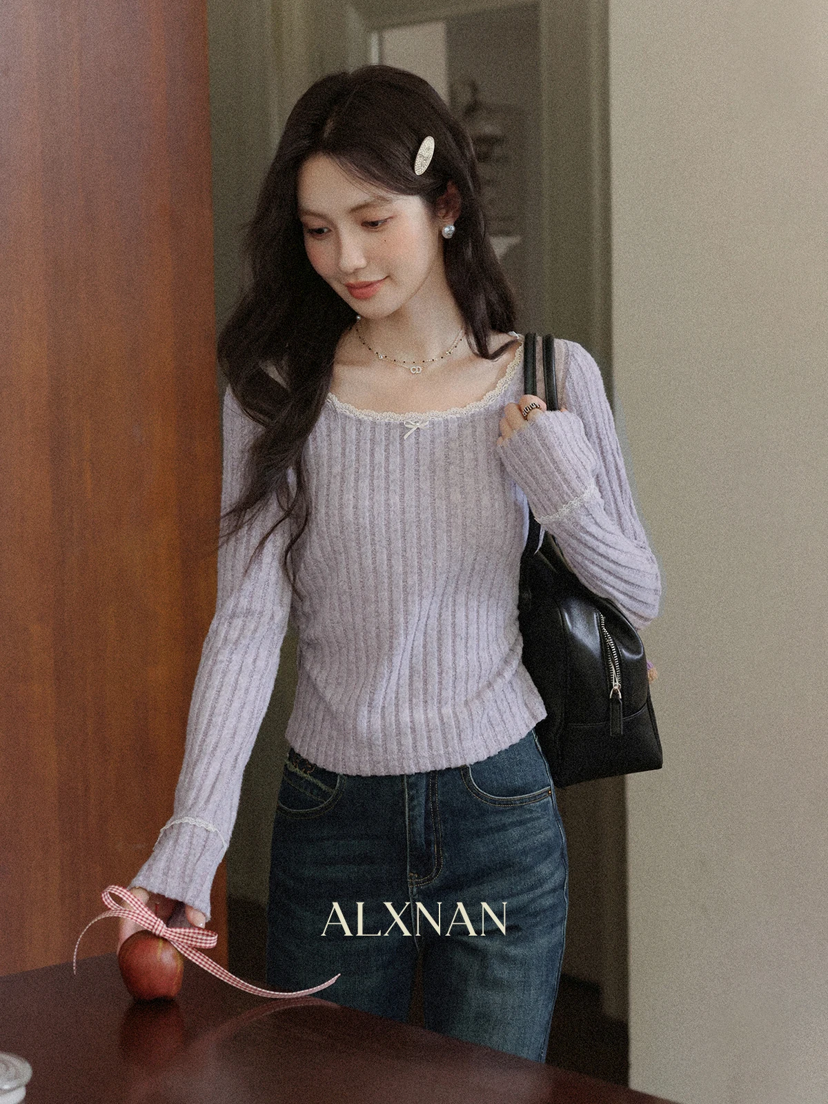 ALXNAN Women's Knitted Sweater Purple Slim-fit Lace Lace-trimmed Pullover 2025 Autumn Winter Long Sleeve Knitted Tops L569192
ALXNAN Women's Knitted Sweater Purple Slim-fit Lace Lace-trimmed Pullover 2025 Autumn Winter Long Sleeve Knitted Tops L569192