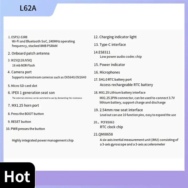 L62A ESP32-S3 3,5-дюймовый ЖК-экран, макетная плата, поддержка Wi-Fi, Bluetooth, AI, распознавание голоса, IPS 320X480
L62A ESP32-S3 3,5-дюймовый ЖК-экран, макетная плата, поддержка Wi-Fi, Bluetooth, AI, распознавание голоса, IPS 320X480