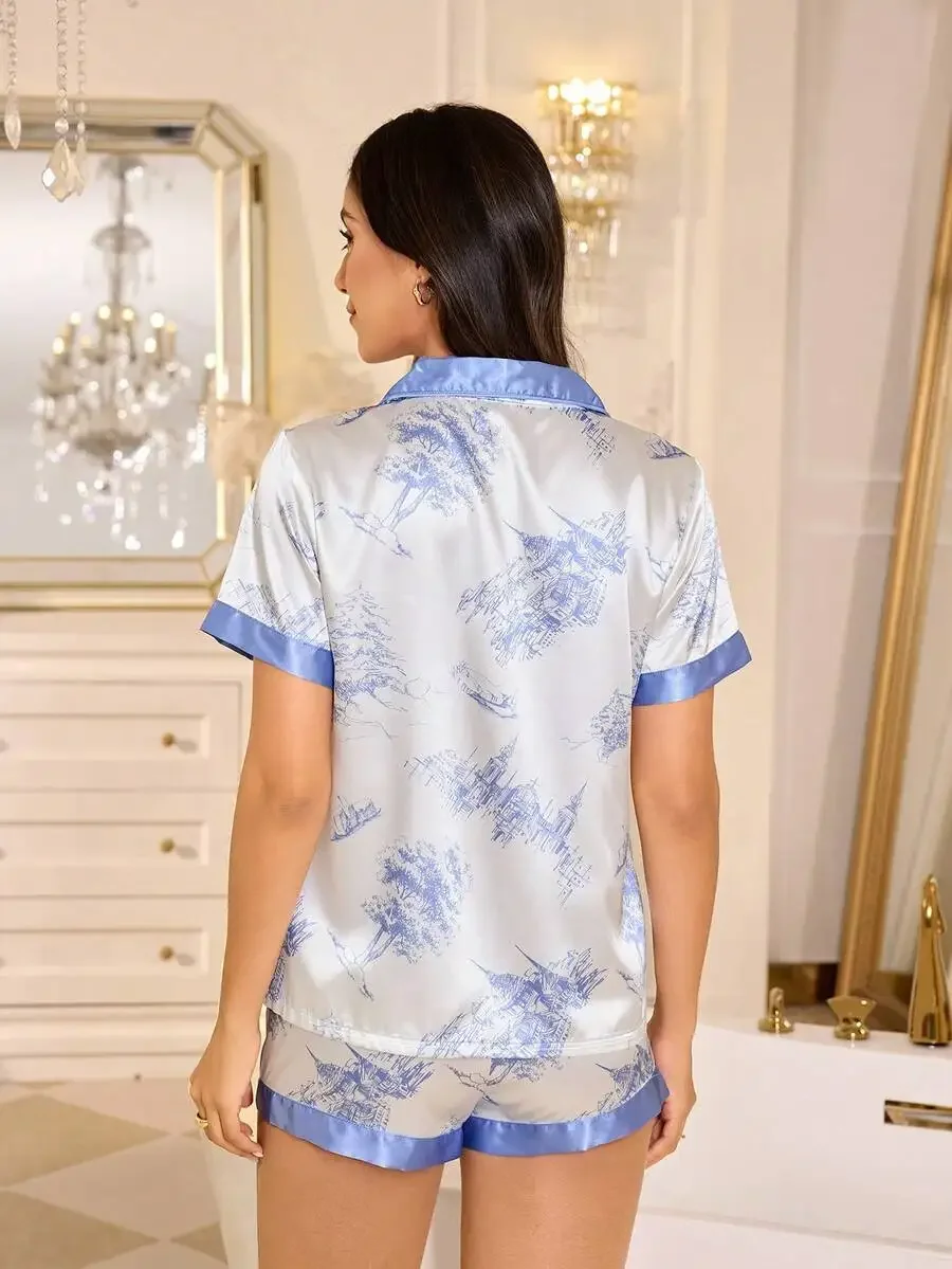 Womens Collared Contrast Trim Faux Silk Printed Pajama Set
Womens Collared Contrast Trim Faux Silk Printed Pajama Set