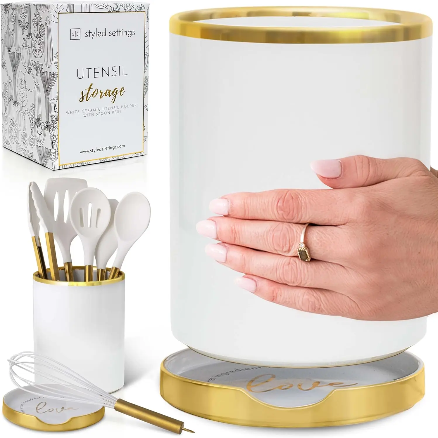 White Utensil Holder with Built-In Ceramic Spoon Rest - 2-Piece Luxe White and Gold Spatula Holder with Gold Spoon Rest for Coun
White Utensil Holder with Built-In Ceramic Spoon Rest - 2-Piece Luxe White and Gold Spatula Holder with Gold Spoon Rest for Coun