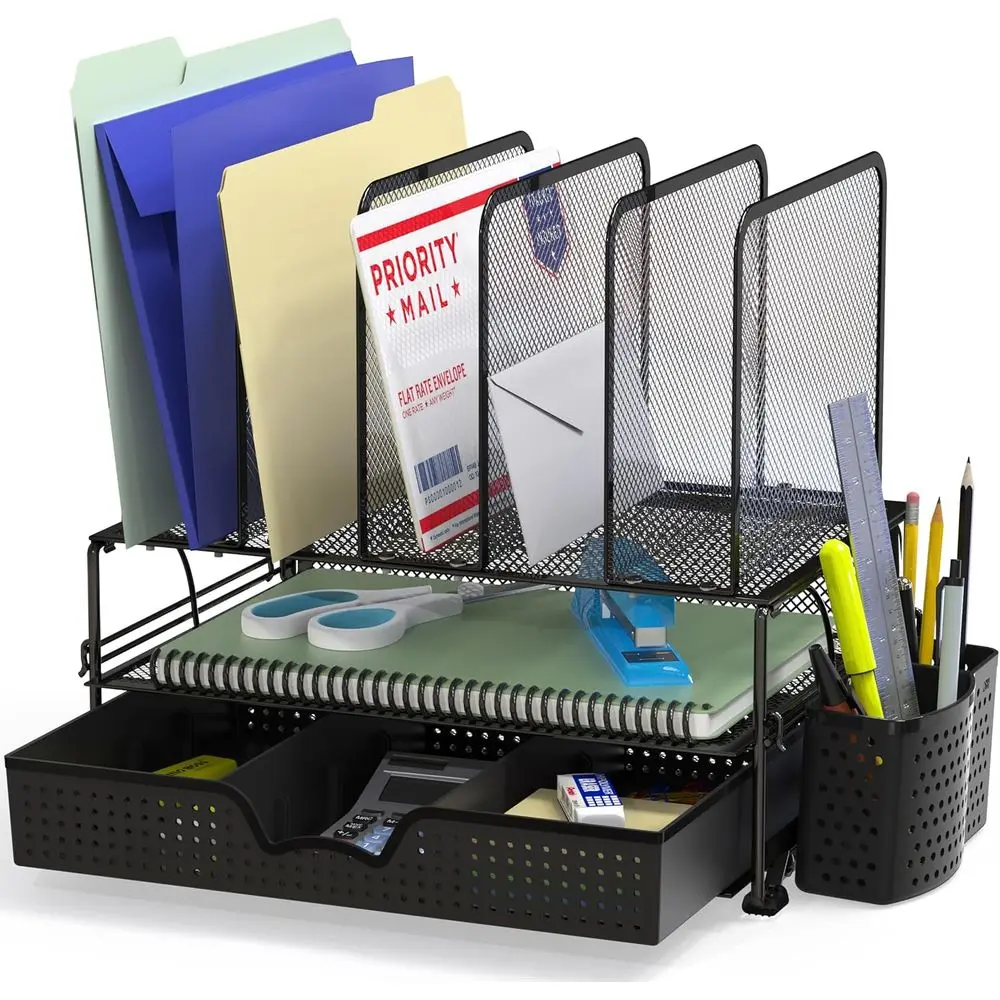 Desk Organizer with Sliding Drawer, Double Tray, 5 Upright Sections, Black
Desk Organizer with Sliding Drawer, Double Tray, 5 Upright Sections, Black