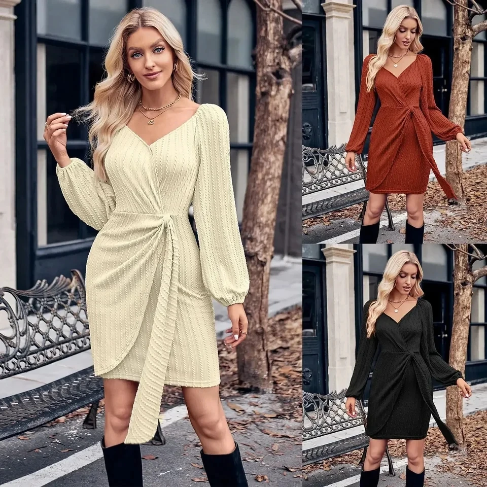Autumn Winter Elegant Long Sleeve Midi Dress Casual Vintage Party Dress Slim-fit Waist-tied Evening Dress Solid V-neck Dresses
Autumn Winter Elegant Long Sleeve Midi Dress Casual Vintage Party Dress Slim-fit Waist-tied Evening Dress Solid V-neck Dresses