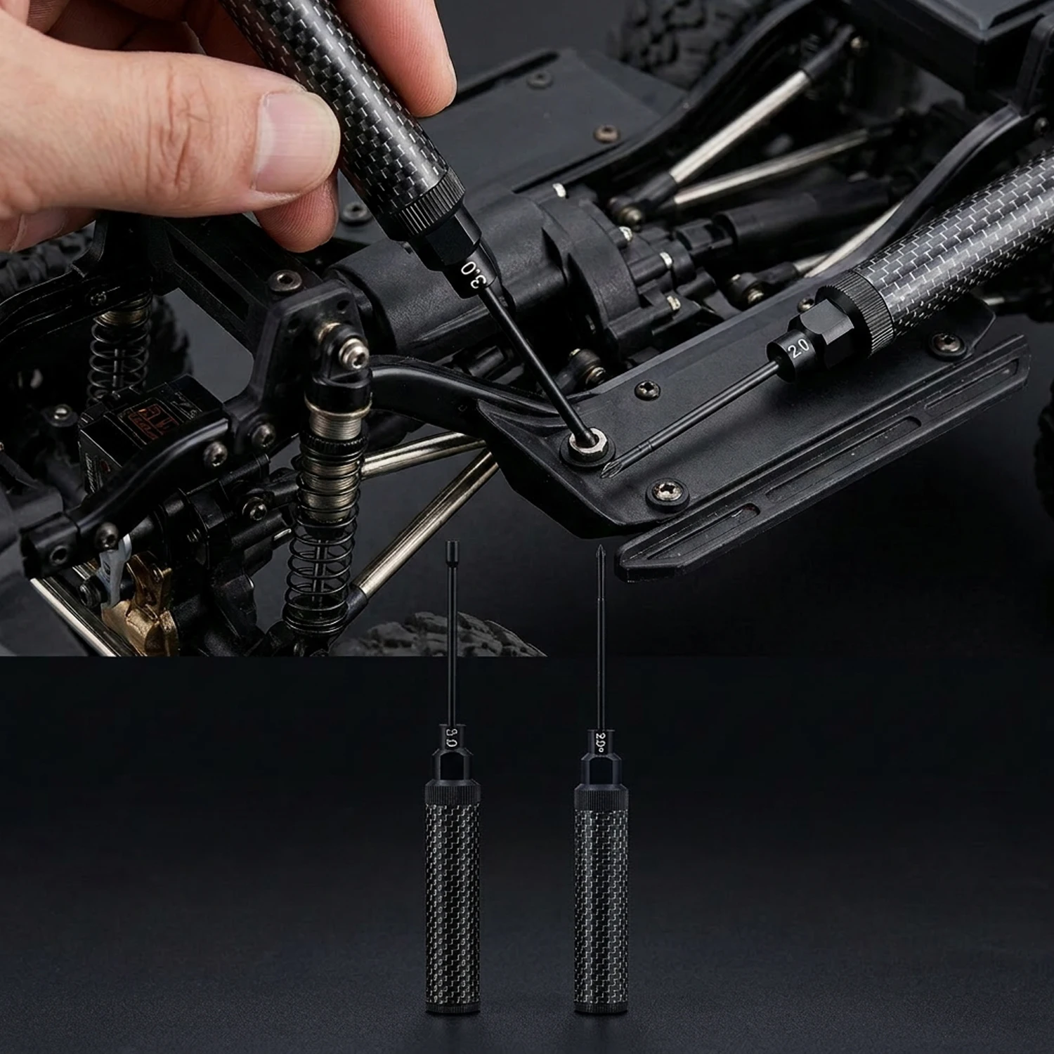 TCRC Carbon Fiber Handle Tool with High Speed Steel Screwdriver bit Set 2.0mm+ Phillips Screwdriver 3.0mm for 1/30 Axial SCX30
TCRC Carbon Fiber Handle Tool with High Speed Steel Screwdriver bit Set 2.0mm+ Phillips Screwdriver 3.0mm for 1/30 Axial SCX30
