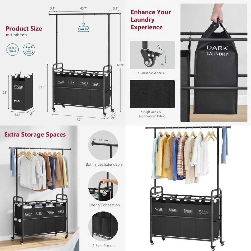Rolling Laundry Sorter Cart with Hanging Rack and 4 Baskets, Heavy-Duty Lockable Wheels, Black
Rolling Laundry Sorter Cart with Hanging Rack and 4 Baskets, Heavy-Duty Lockable Wheels, Black