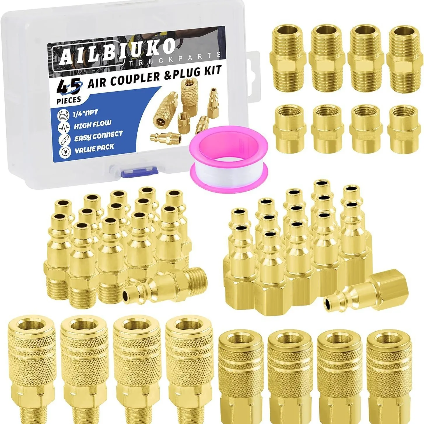1/4 NPT American Style Quick Connect Fitting, Male & Female Thread Connector Kit, 44PC Set
1/4 NPT American Style Quick Connect Fitting, Male & Female Thread Connector Kit, 44PC Set