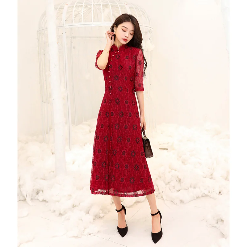 Women Fashion Improved Red Lace Cheongsam Half Sleeve Vintage Dress Wedding Costumes Chinese Style Long Qipao M To 3XL
Women Fashion Improved Red Lace Cheongsam Half Sleeve Vintage Dress Wedding Costumes Chinese Style Long Qipao M To 3XL