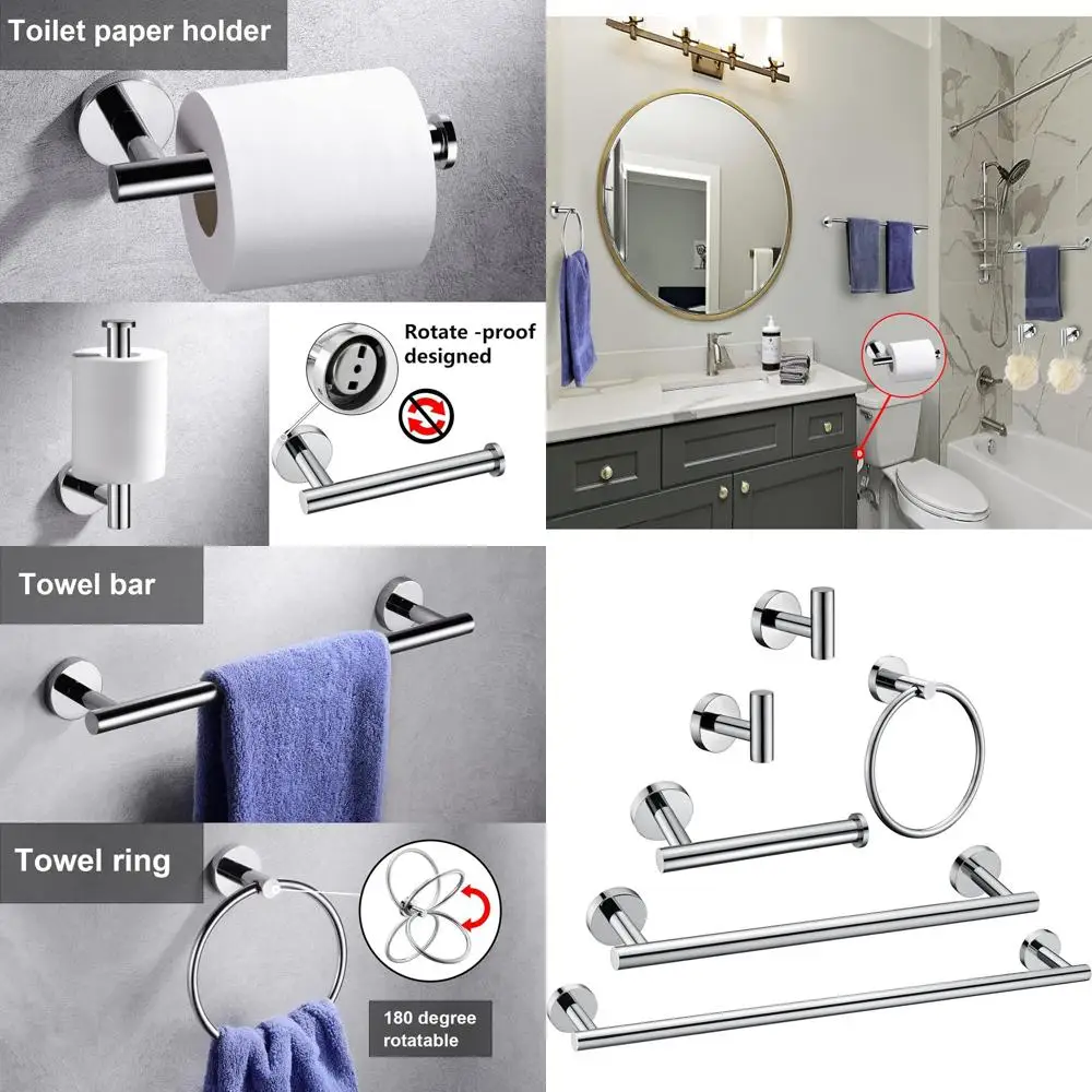 6-Piece Polished Chrome Bathroom Hardware Set: Towel Ring, Round Towel Bar, Toilet Paper Holder, Hooks, Heavy Duty, Wall Mounted
6-Piece Polished Chrome Bathroom Hardware Set: Towel Ring, Round Towel Bar, Toilet Paper Holder, Hooks, Heavy Duty, Wall Mounted