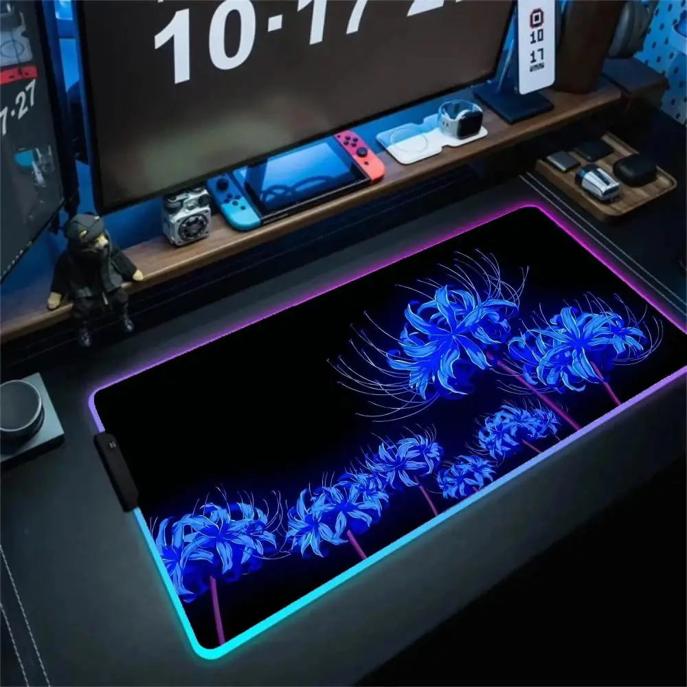 Neon Blue Lycoris Radiata RGB Gaming Mouse Pad, Large LED Desk Mat for Anime Fans, Non-Slip Rubber Base