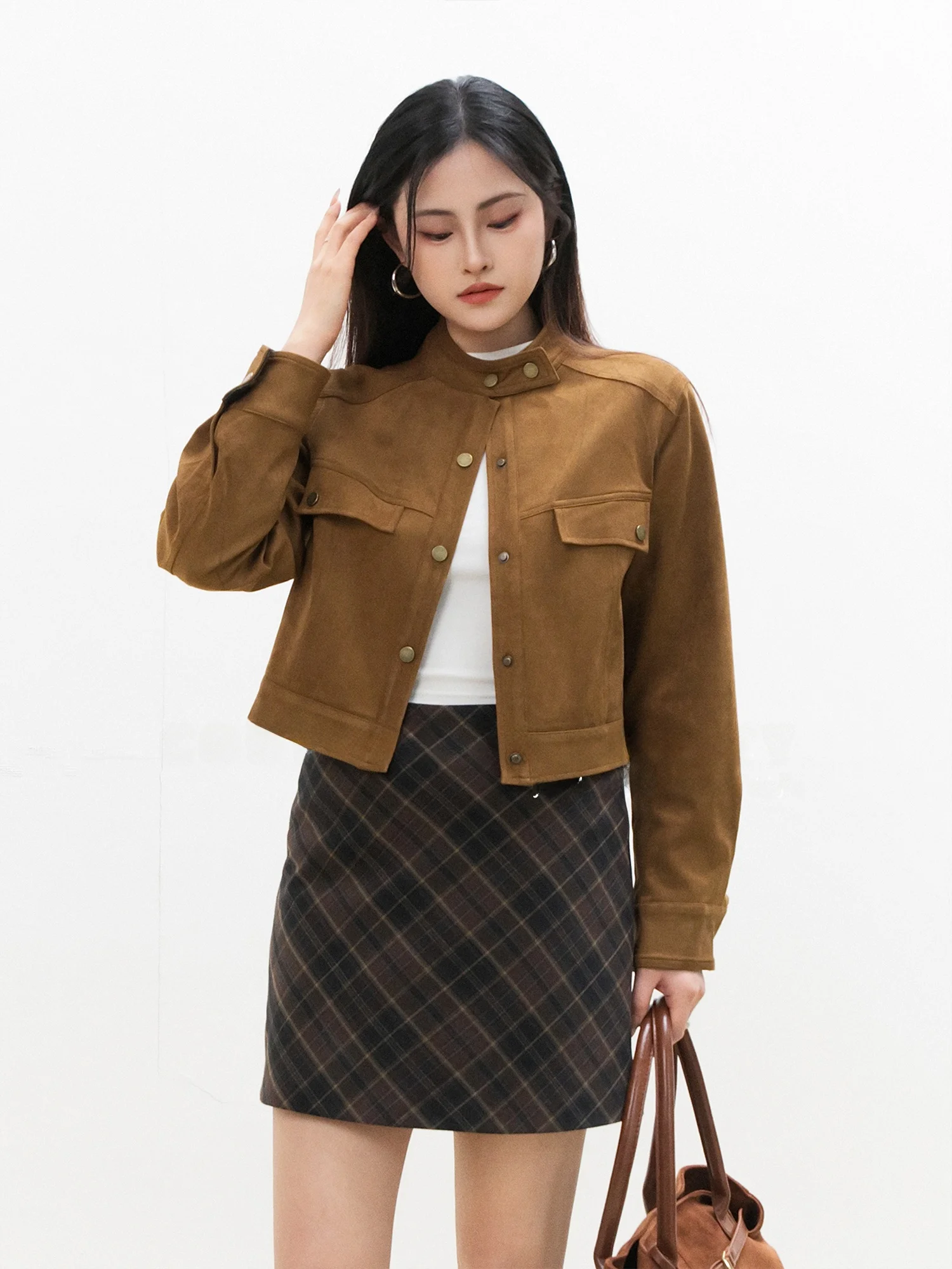 Chelzy Retro Stand Collar Suede Jaet Women's ort Motorcycle Sle Set High Waist Slimming Ensemble Autumn Spring Casual Wear
Chelzy Retro Stand Collar Suede Jaet Women's ort Motorcycle Sle Set High Waist Slimming Ensemble Autumn Spring Casual Wear