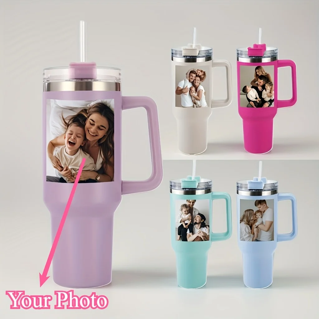 One Personalized Photo Tumbler with a Handle, Featuring a Custom Sticker And Picture, 40Oz Capacity. These Travel Mugs Are Insulated Stainless Steel Cups That Come with a Lid And Straw
One Personalized Photo Tumbler with a Handle, Featuring a Custom Sticker And Picture, 40Oz Capacity. These Travel Mugs Are Insulated Stainless Steel Cups That Come with a Lid And Straw