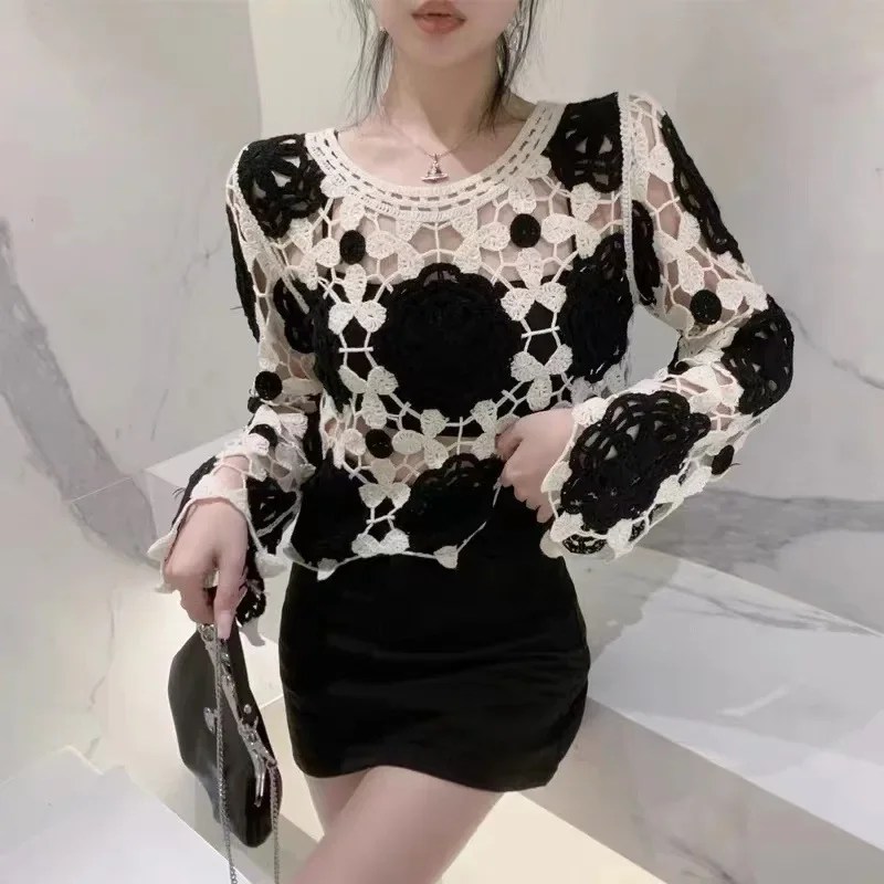 Caofeimao Sexy Knitted Top Sweater Woman French 2025 Fashion Hook Flower Hollow Thin Solid Sexy Short Pullover Top Clothing
Caofeimao Sexy Knitted Top Sweater Woman French 2025 Fashion Hook Flower Hollow Thin Solid Sexy Short Pullover Top Clothing