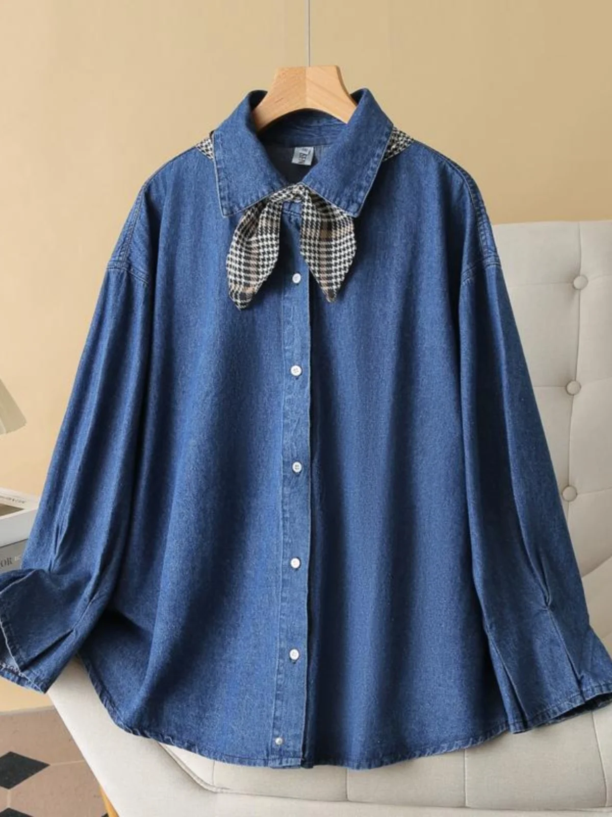 Retro Denim Shirt Long Sleeve Collar Plaid Tie Women's plus Size Fashion Outerwear Korean Style Loose Fit Polyester
Retro Denim Shirt Long Sleeve Collar Plaid Tie Women's plus Size Fashion Outerwear Korean Style Loose Fit Polyester