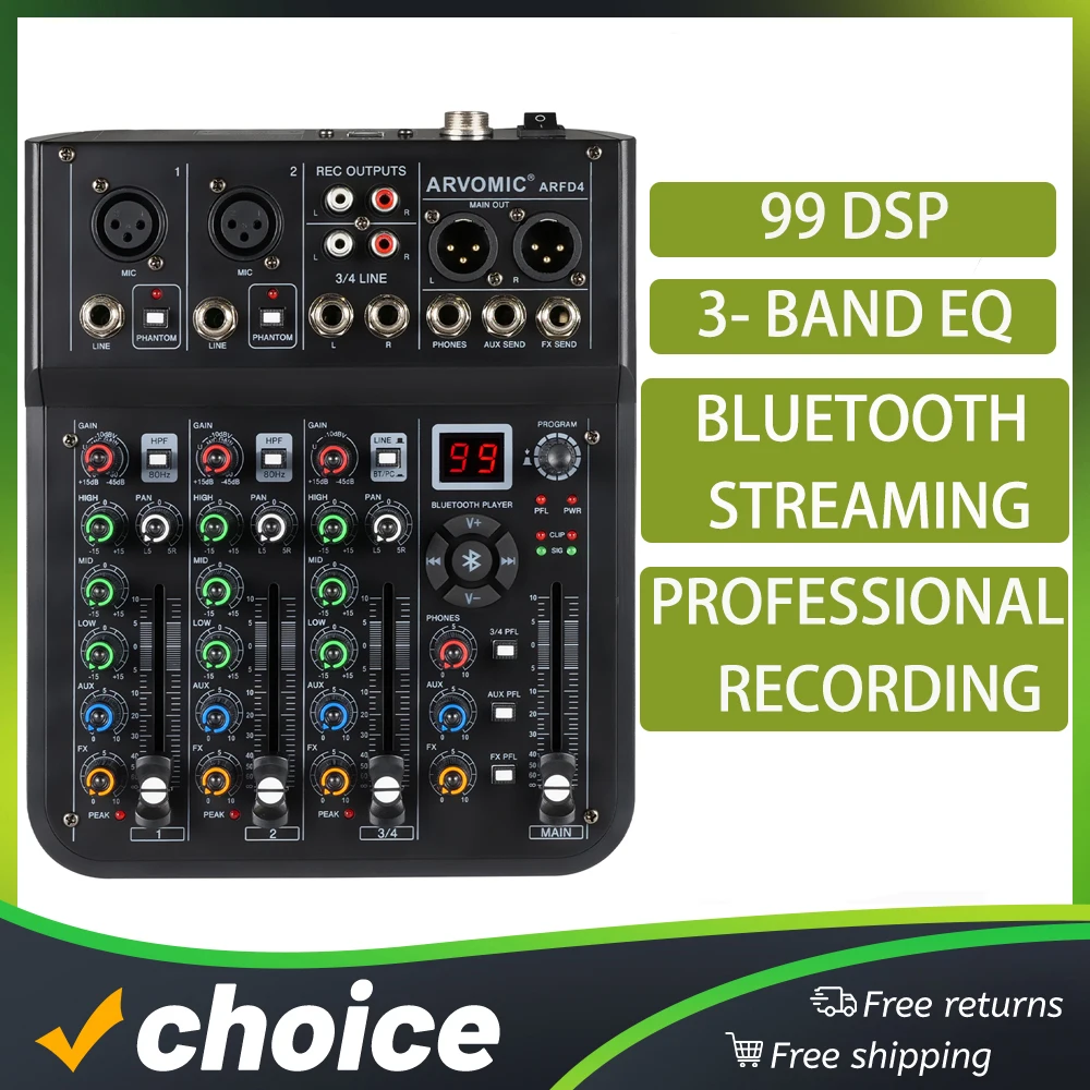 4-Channel Audio Mixerwith 99 DSP Effects USB 2.0Jack, Bluetooth Function & USB Audio Interface ARFD4
4-Channel Audio Mixerwith 99 DSP Effects USB 2.0Jack, Bluetooth Function & USB Audio Interface ARFD4