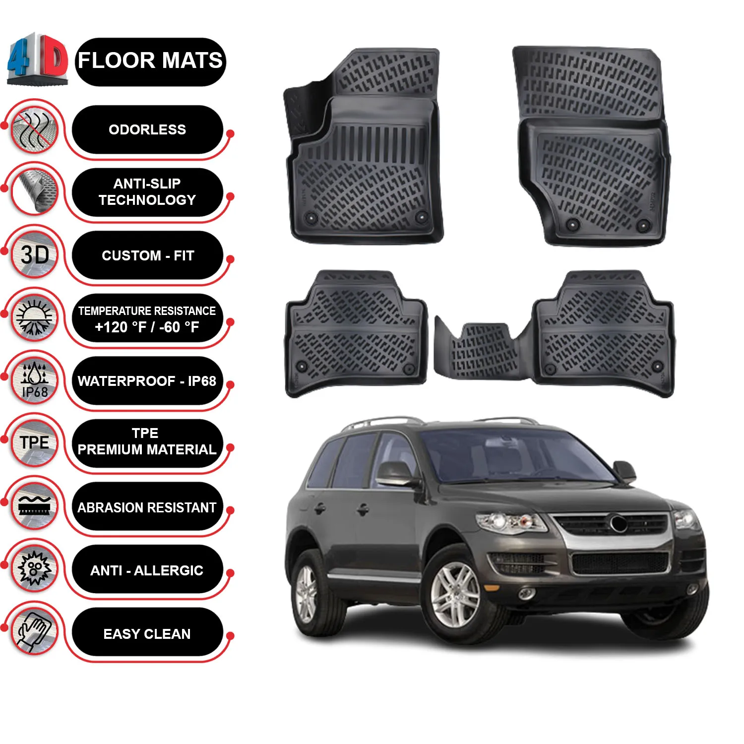 Volkswagen Touareg - (2002-2010) Floor Mats Liner Waterproof 3D - (Black)
Volkswagen Touareg - (2002-2010) Floor Mats Liner Waterproof 3D - (Black)