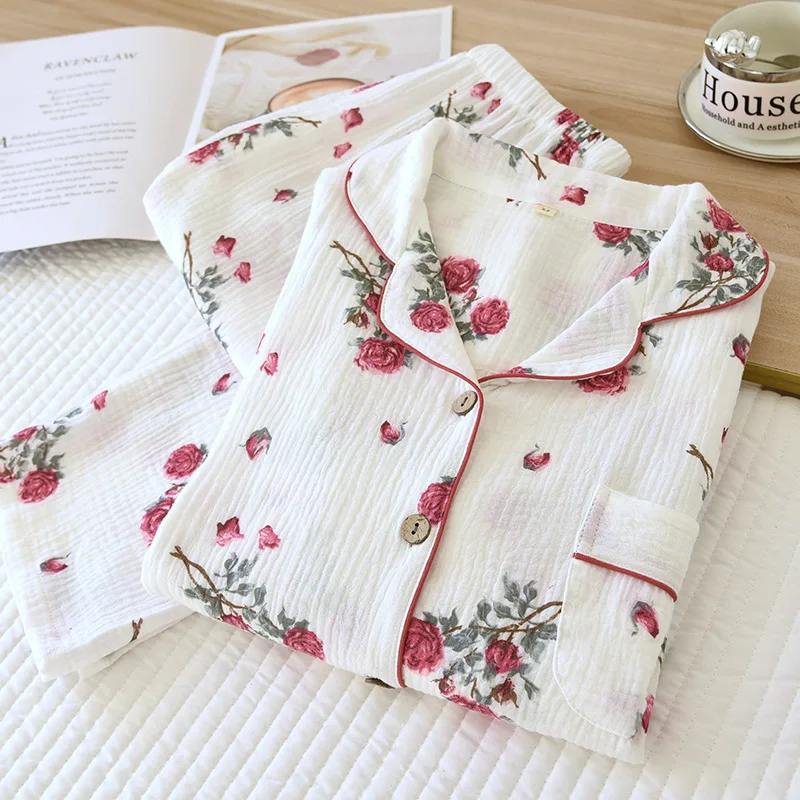 Wholesale & Retail 100% Cotton Gauze Women's Pajamas Spring Autumn Long-sleeved Set Red Rose Sweet Loungewear Set
Wholesale & Retail 100% Cotton Gauze Women's Pajamas Spring Autumn Long-sleeved Set Red Rose Sweet Loungewear Set