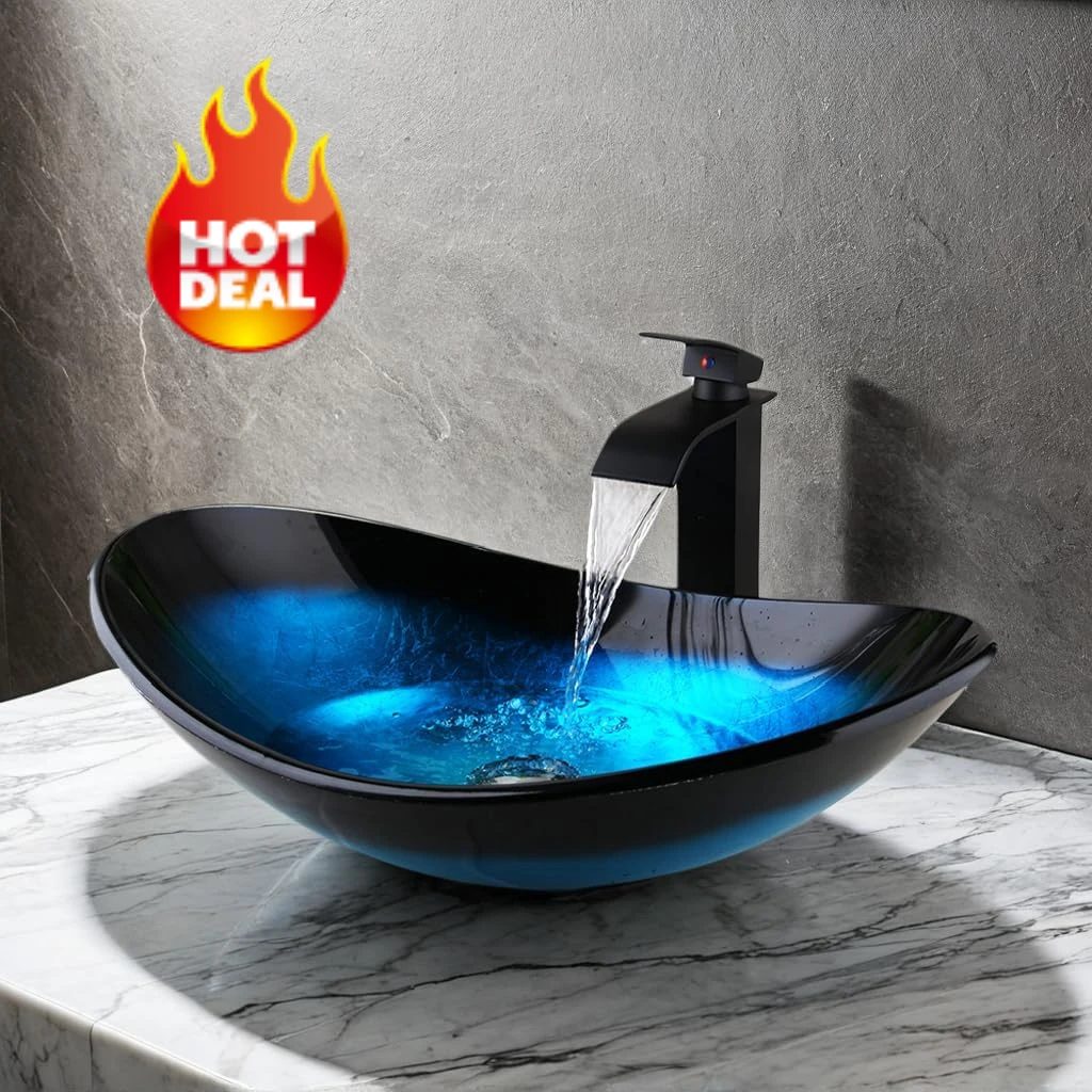 Bathroom Vessel Sink Blue Vessel Sink Oval Glass Vessel Sink W/ Waterfall Faucet & Pop-Up Drain Boat Shape Bathroom Sink Above
Bathroom Vessel Sink Blue Vessel Sink Oval Glass Vessel Sink W/ Waterfall Faucet & Pop-Up Drain Boat Shape Bathroom Sink Above