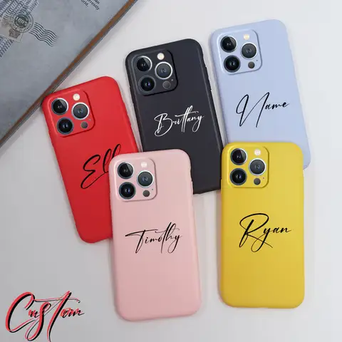 Personalized Name Case For iPhone 15 13 14 12 11 Pro Max Mini XS XR X 6 6s 8 7 Plus Cover Silicone Matte Yellow Red Text Custom