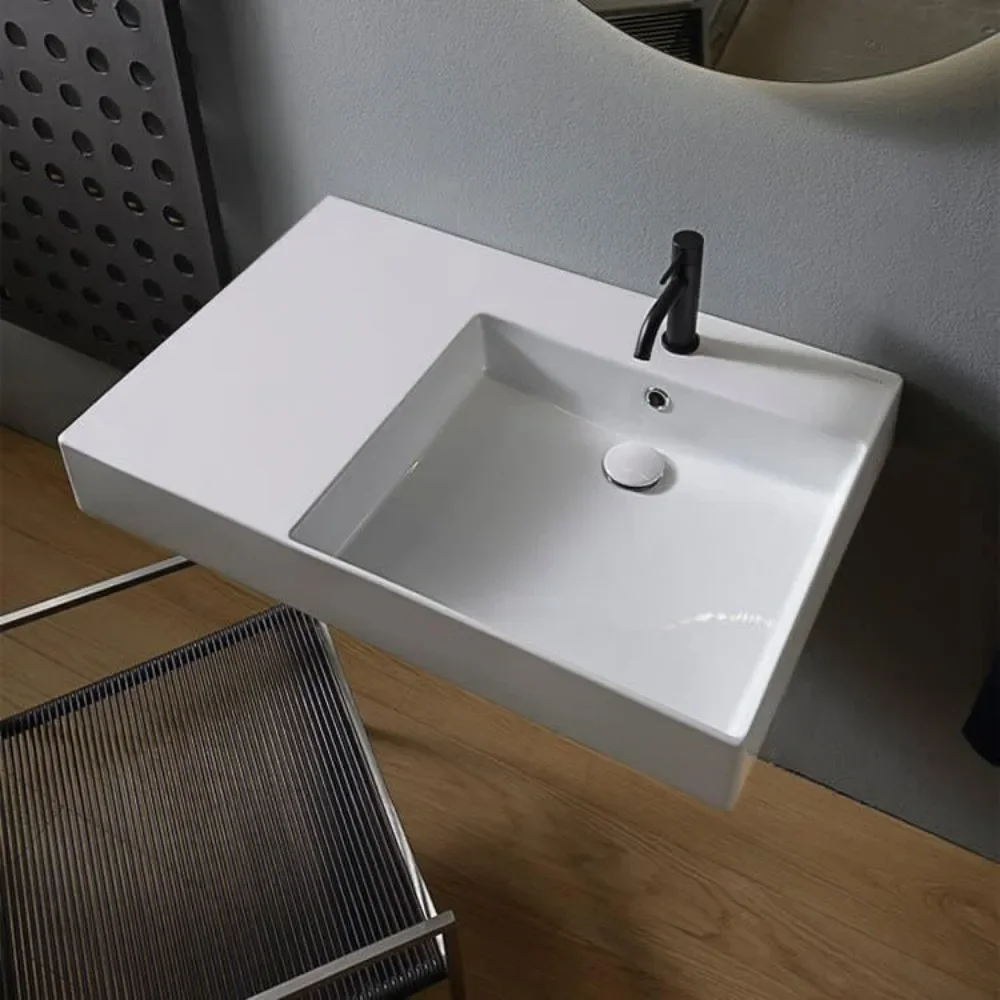 Rectangular Ceramic Wall Mount/Drop In Bathroom Sink with Overflow, Right Offset Basin and Single Faucet Hole - White
Rectangular Ceramic Wall Mount/Drop In Bathroom Sink with Overflow, Right Offset Basin and Single Faucet Hole - White