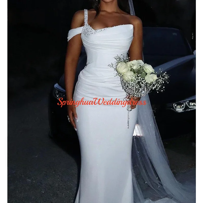 Customized Sexy White Mermaid Wedding Dresses Sleeveless Pearls Satin Bridal Dress Women To Measure Robe De Mariee
Customized Sexy White Mermaid Wedding Dresses Sleeveless Pearls Satin Bridal Dress Women To Measure Robe De Mariee
