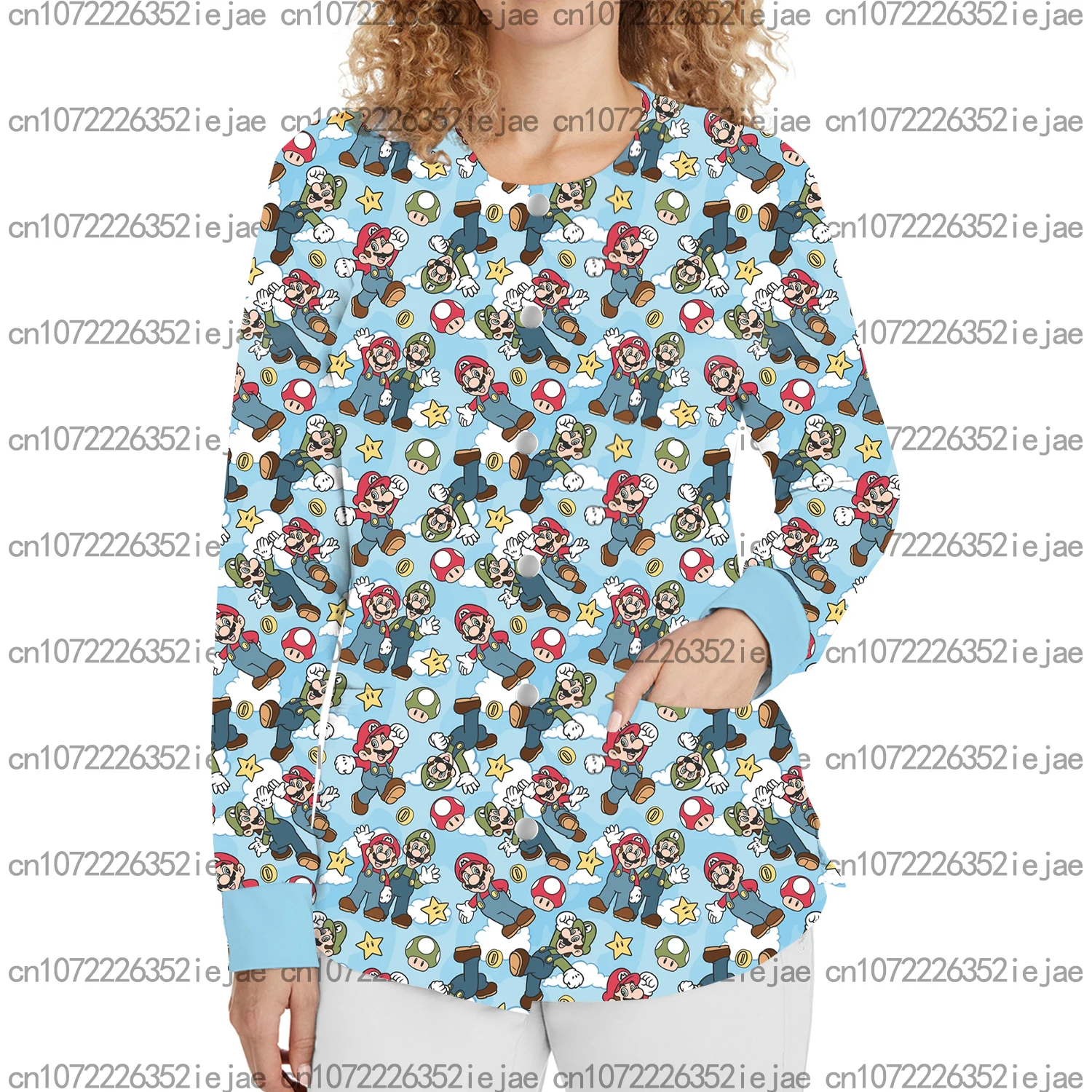 Women's New Scrub Jacket Work Uniform Cartoon Super Mario Print Round Neck Pocket Coat Medical Nurse Beauty Salon Dental Top
Women's New Scrub Jacket Work Uniform Cartoon Super Mario Print Round Neck Pocket Coat Medical Nurse Beauty Salon Dental Top
