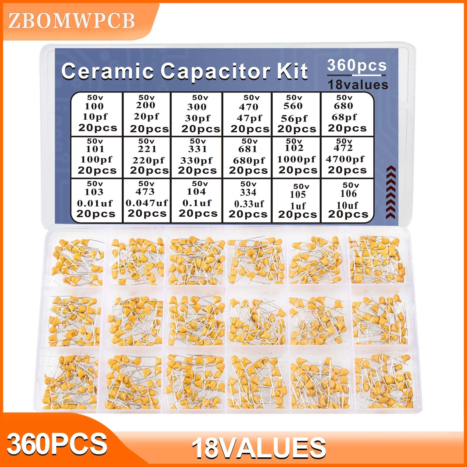 360pcs Ceramic Capacitor Assortment Kit For Guitar Capacitor 18Values 0.1uf-10uf
360pcs Ceramic Capacitor Assortment Kit For Guitar Capacitor 18Values 0.1uf-10uf