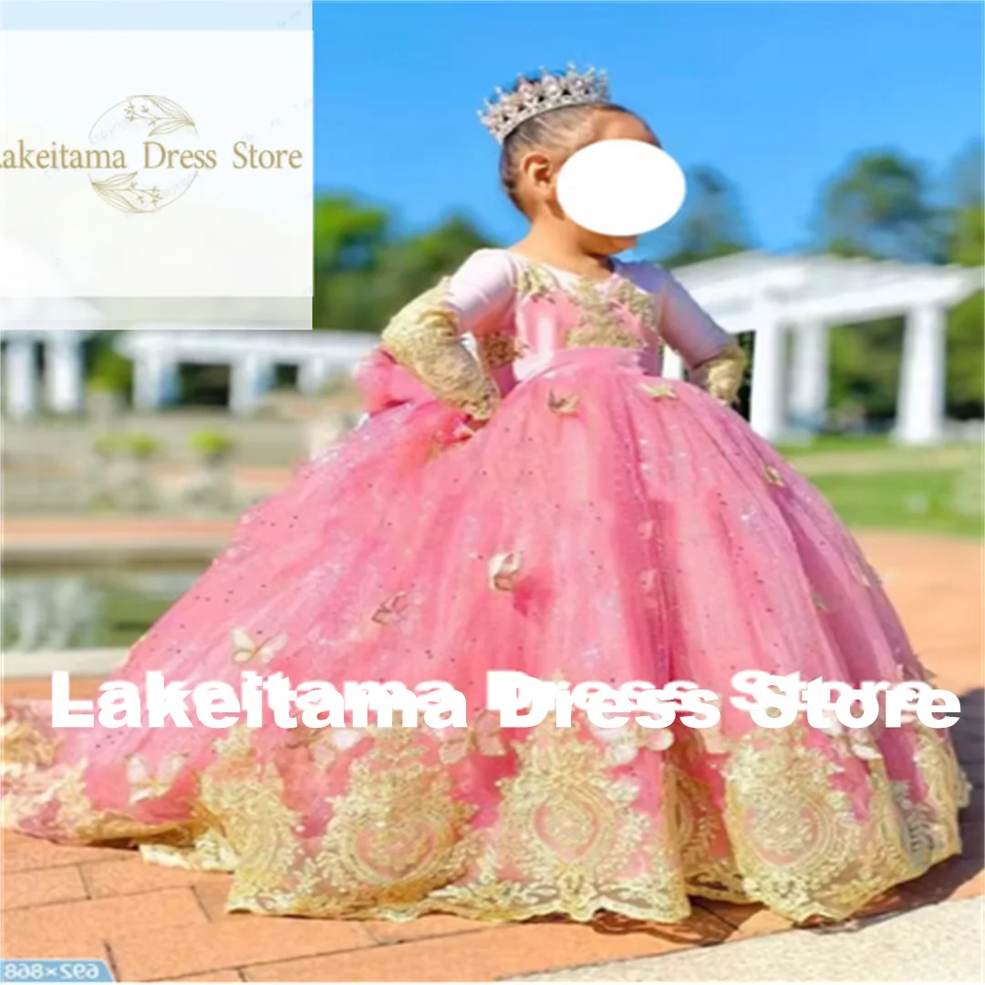 Customization Gold Pink O Neck Long Sleeve Bowknot Flower Girl Dress Elegant Puffy Applique Decoration Tulle Little Princess
Customization Gold Pink O Neck Long Sleeve Bowknot Flower Girl Dress Elegant Puffy Applique Decoration Tulle Little Princess