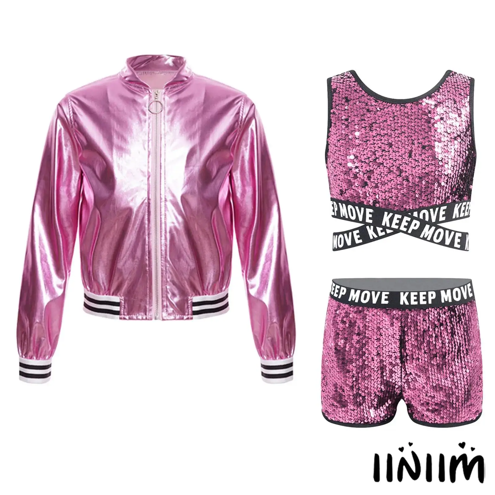 Kids Girls Sequins Jazz Dance Set Criss Cross Straps Bottom Crop Top with Shorts and Metallic Jacket Stage Performance Costume
Kids Girls Sequins Jazz Dance Set Criss Cross Straps Bottom Crop Top with Shorts and Metallic Jacket Stage Performance Costume