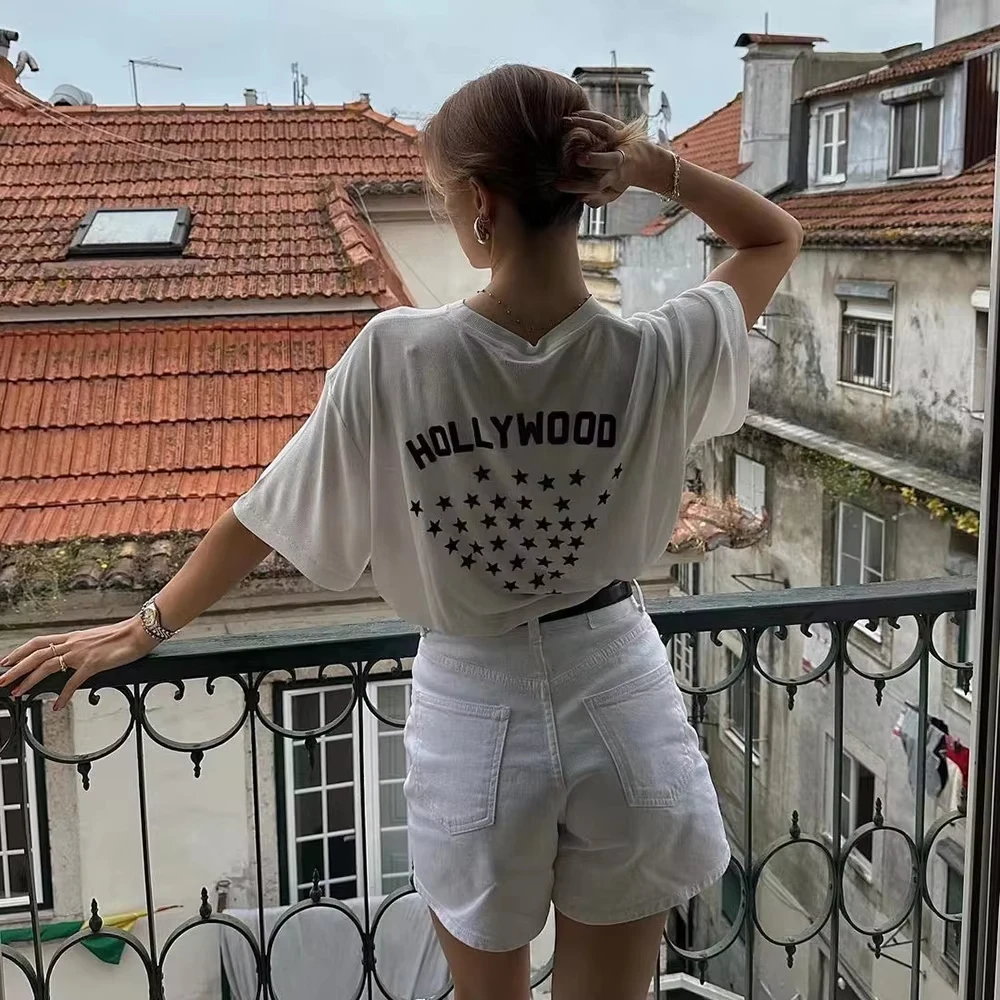 Summer New North American Niche White Cotton Women's Short-sleeved T-shirt with Letter Stars Print
Summer New North American Niche White Cotton Women's Short-sleeved T-shirt with Letter Stars Print