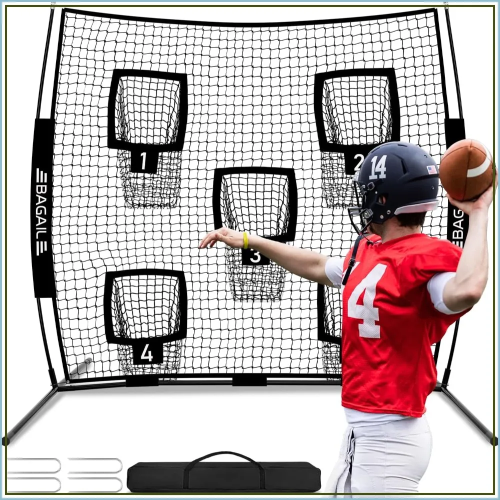 Football Throwing Net - 5 or 9 Target Pockets, Easy Setup, Heavy-Duty - Portable QB Accuracy Trainer, Practice Net with Carry Bag
Football Throwing Net - 5 or 9 Target Pockets, Easy Setup, Heavy-Duty - Portable QB Accuracy Trainer, Practice Net with Carry Bag