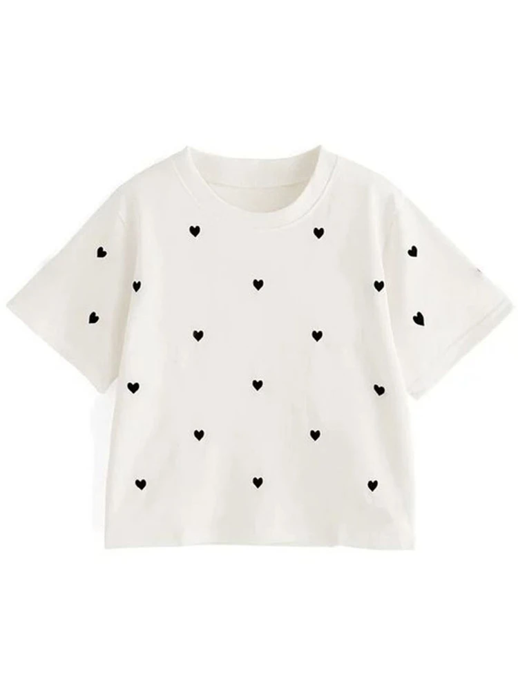 Korean style shoulder round neck heart-shaped printed ice silk knitted short sleeved T-shirt for women's summer new style, styli
Korean style shoulder round neck heart-shaped printed ice silk knitted short sleeved T-shirt for women's summer new style, styli