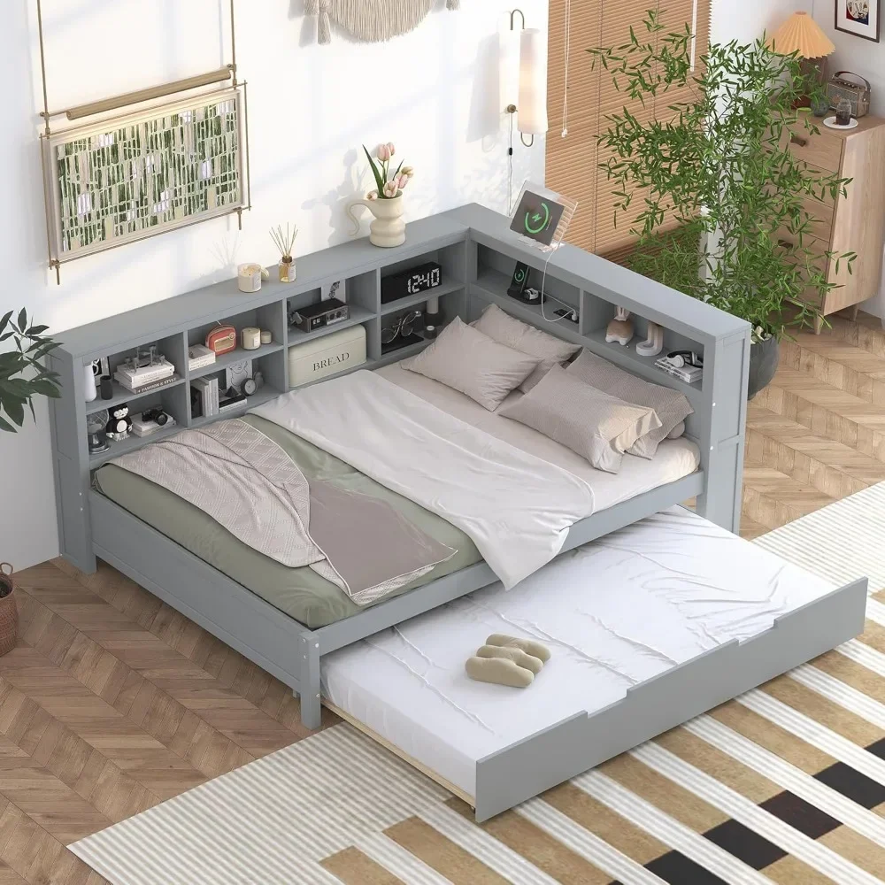 Full Daybed Frame with L-Shaped Bookcases, Bed Frames with Trundle and USB Ports, Full Size Platform Bed with Charging Station
Full Daybed Frame with L-Shaped Bookcases, Bed Frames with Trundle and USB Ports, Full Size Platform Bed with Charging Station